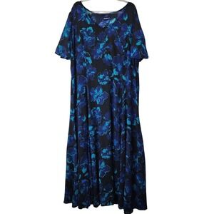 Denim 24/7 Boho Blue Teal Floral Crinkle Maxi Dress 18/20 Cottagecore Vacation